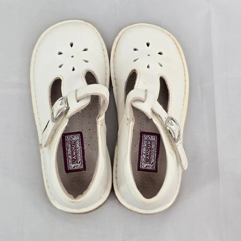 L'Amour Girls White Leather T-Strap Mary Jane Shoes Size 10 Style 751